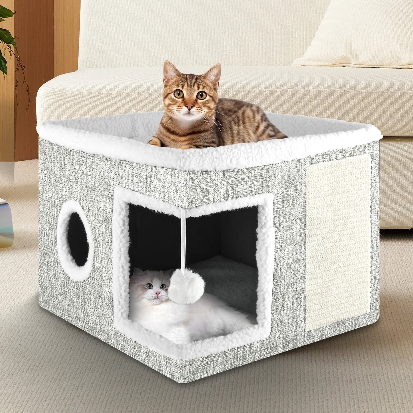 Cozy Cat Bed & House for Indoor Cats - Large Cat Cave with 2 Cushions, Scratch Pad, and Fluffy Hanging Ball - Light Gray