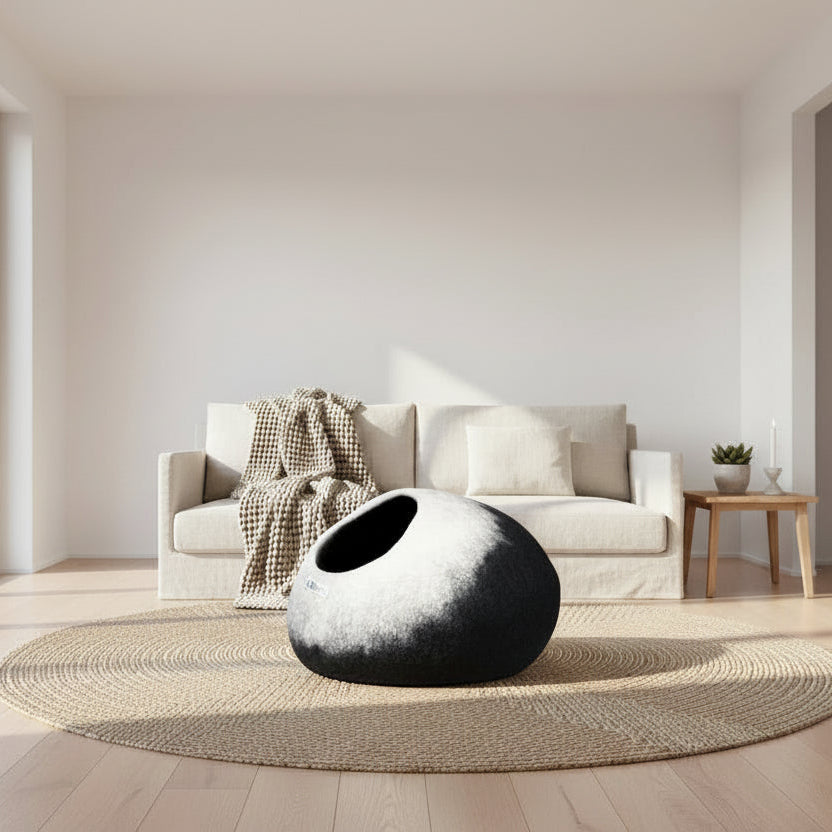 Cozy Black & White Merino Wool Cat Cave Bed - Handcrafted Hideaway for Indoor Cats, Washable & Perfect Gift for Your Furry Friend!