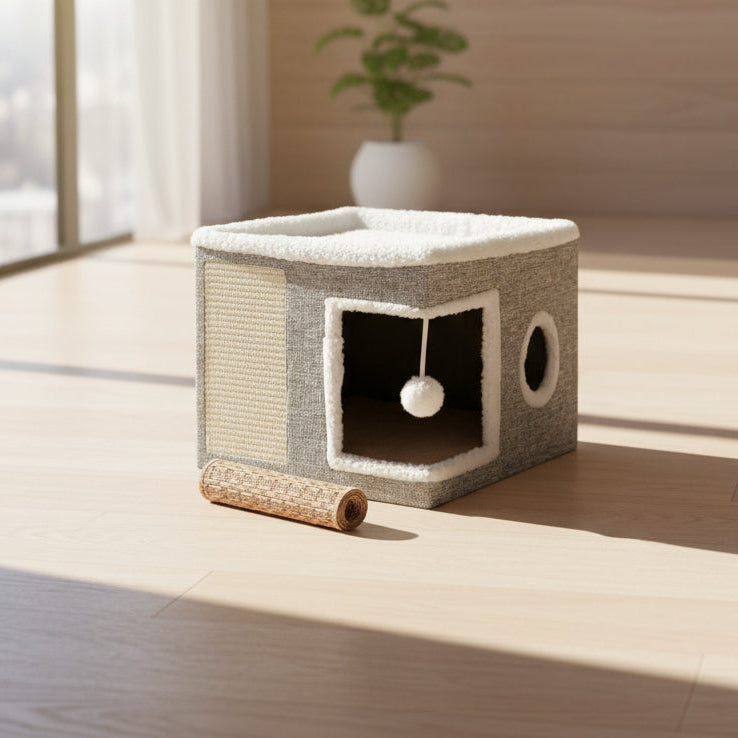 Cozy Cat Bed & House for Indoor Cats - Large Cat Cave with 2 Cushions, Scratch Pad, and Fluffy Hanging Ball - Light Gray