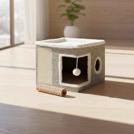 Cozy Cat Bed & House for Indoor Cats - Large Cat Cave with 2 Cushions, Scratch Pad, and Fluffy Hanging Ball - Light Gray