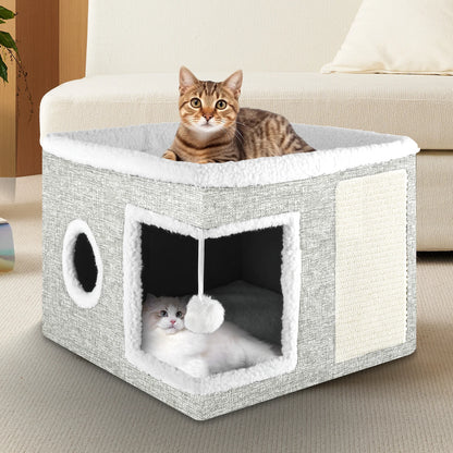 Cozy Cat Bed & House for Indoor Cats - Large Cat Cave with 2 Cushions, Scratch Pad, and Fluffy Hanging Ball - Light Gray