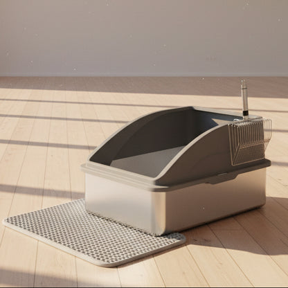 Extra Large Stainless Steel Cat Litter Box with Lid - Anti-Leak, Non-Sticky, Includes Cat Mat & Scoop - Perfect for Big Cats!