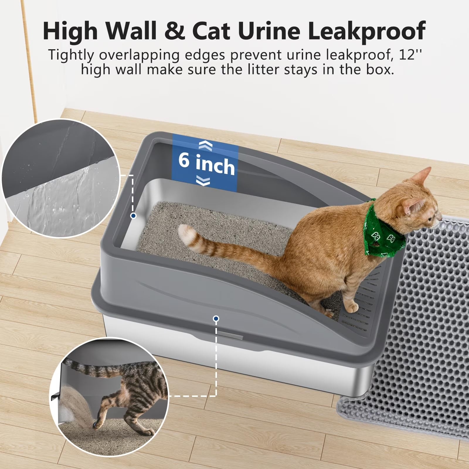 Extra Large Stainless Steel Cat Litter Box with Lid - Anti-Leak, Non-Sticky, Includes Cat Mat & Scoop - Perfect for Big Cats!