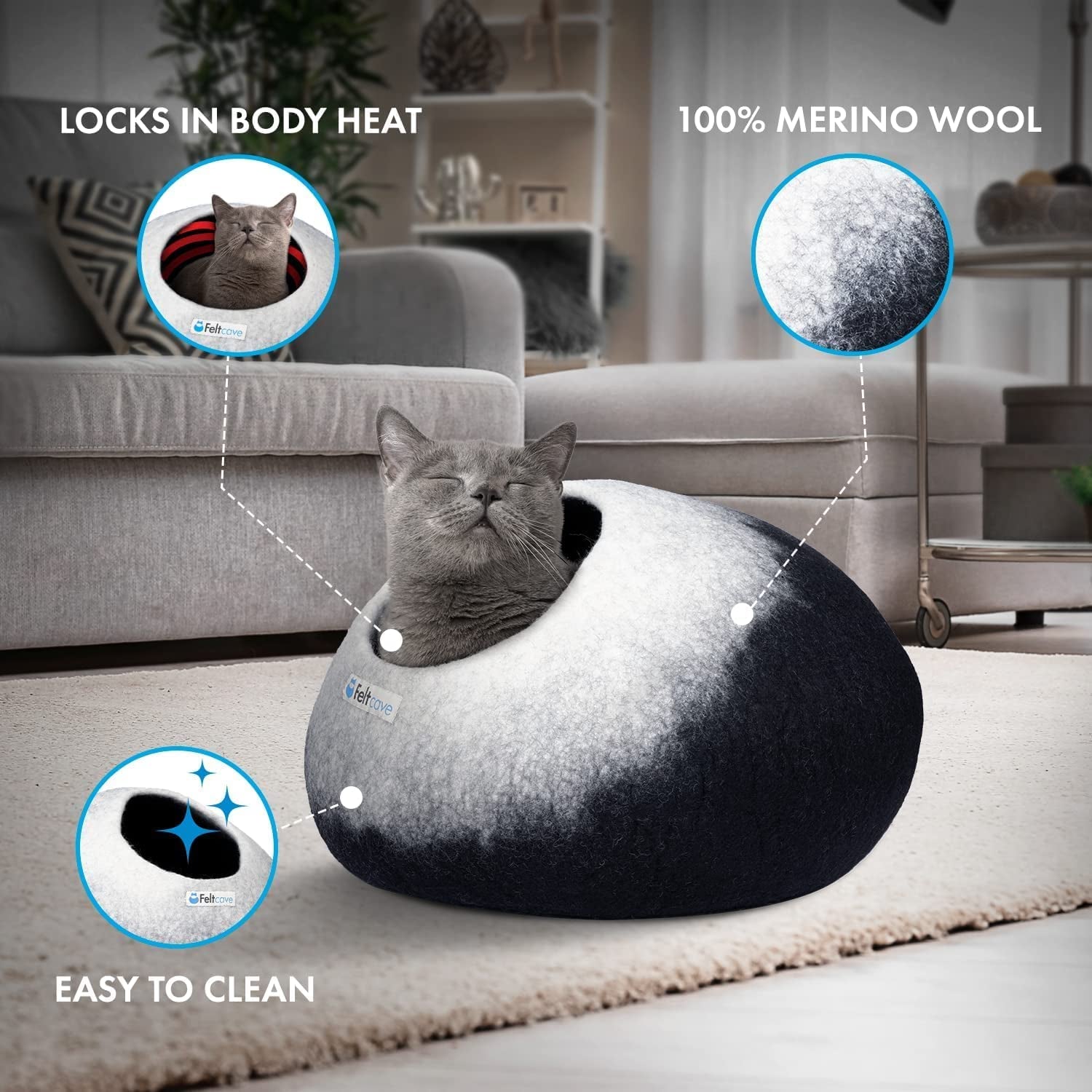 Cozy Black & White Merino Wool Cat Cave Bed - Handcrafted Hideaway for Indoor Cats, Washable & Perfect Gift for Your Furry Friend!