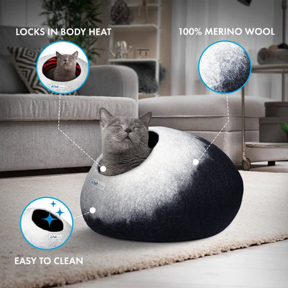 Cozy Black & White Merino Wool Cat Cave Bed - Handcrafted Hideaway for Indoor Cats, Washable & Perfect Gift for Your Furry Friend!