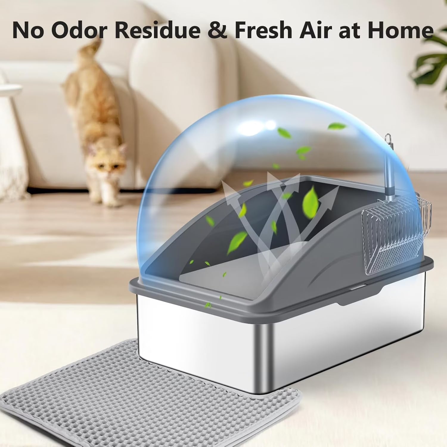 Extra Large Stainless Steel Cat Litter Box with Lid - Anti-Leak, Non-Sticky, Includes Cat Mat & Scoop - Perfect for Big Cats!