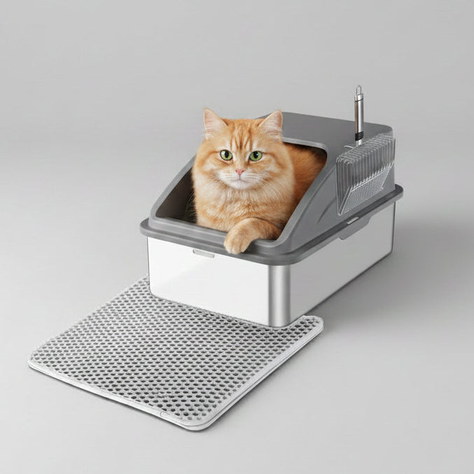 Extra Large Stainless Steel Cat Litter Box with Lid - Anti-Leak, Non-Sticky, Includes Cat Mat & Scoop - Perfect for Big Cats!