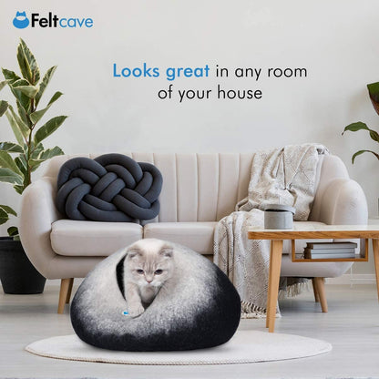 Cozy Black & White Merino Wool Cat Cave Bed - Handcrafted Hideaway for Indoor Cats, Washable & Perfect Gift for Your Furry Friend!