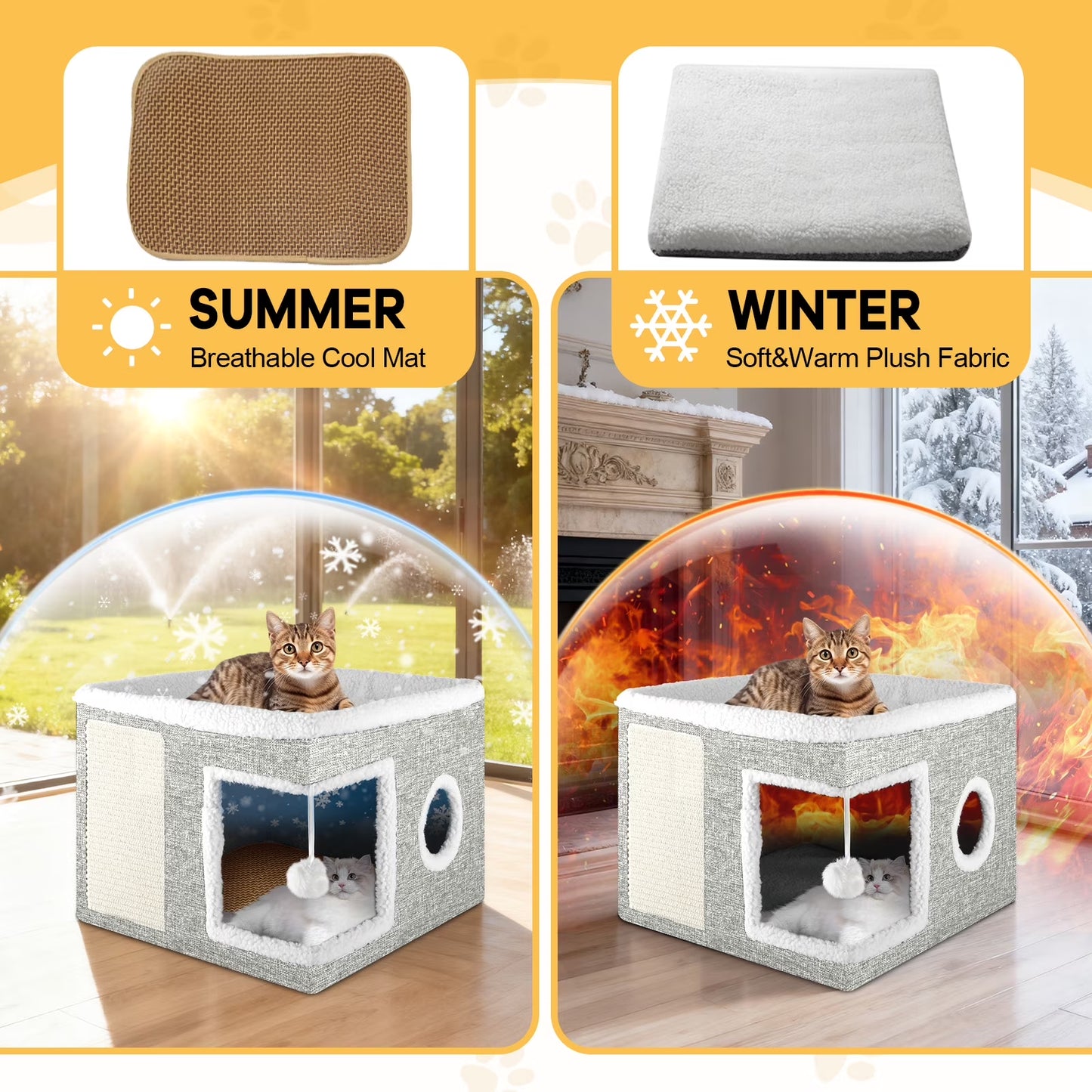 Cozy Cat Bed & House for Indoor Cats - Large Cat Cave with 2 Cushions, Scratch Pad, and Fluffy Hanging Ball - Light Gray