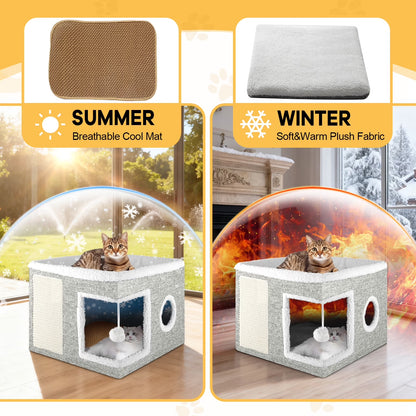Cozy Cat Bed & House for Indoor Cats - Large Cat Cave with 2 Cushions, Scratch Pad, and Fluffy Hanging Ball - Light Gray