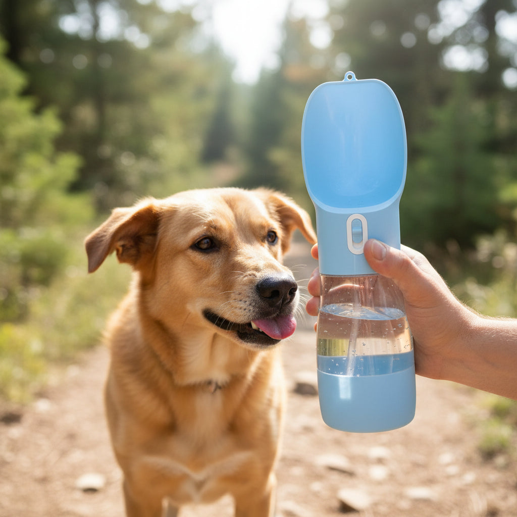 Portable Dog Water Bottle & Food Container - Leak-Proof Dispenser with Bowl, Dishwasher Safe, Perfect for Outdoor Adventures - Blue